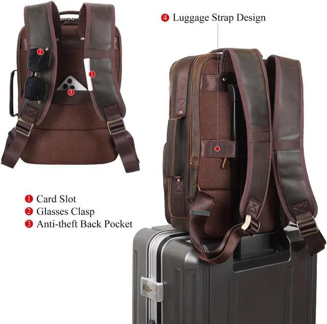 Alt view image 4 of 5 - TIDING Full Grain Leather 15.6" Laptop Backpack for Men Multi Pockets Casual Daypack Business Travel Rucksack