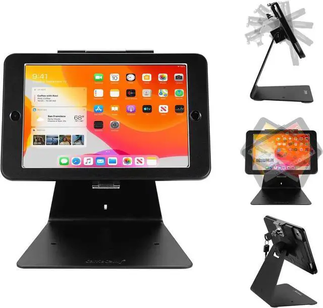 Main image of CarrieCathy Desktop Anti-Theft Security Kiosk POS Stand Holder Enclosure with Lock and Key, Compatible with iPad Mini 1-5, Flip and Rotate Design, Black