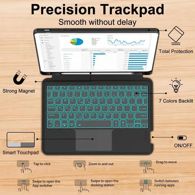 Alt view image 3 of 5 - iPad Air 11 inch Case with Keyboard (M2) 2024, Detachable Bluetooth Keyboard with Smart Touchpad, 7 Colors Backlit, Auto Sleep/Wake for iPad Air 5th/4th 10.9" & iPad Pro 11 4th/3rd/2nd/1st Gen Black