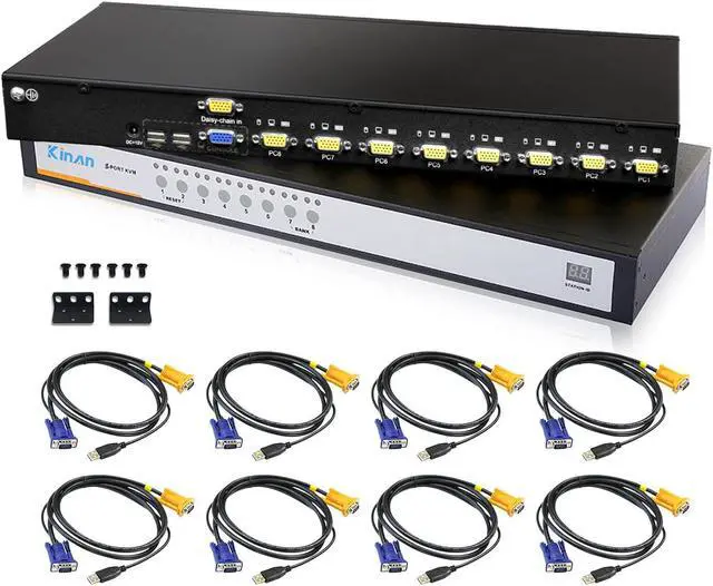 Main image of 1U Rack Mount 8 Port USB VGA KVM Switch with 8 USB VGA Cables - 2048 x 1536 DDC2B, Support Panel Buttons/Hotkeys/OSD Menu/Mouse Switching, Auto Scan, Control up to 8 Computers
