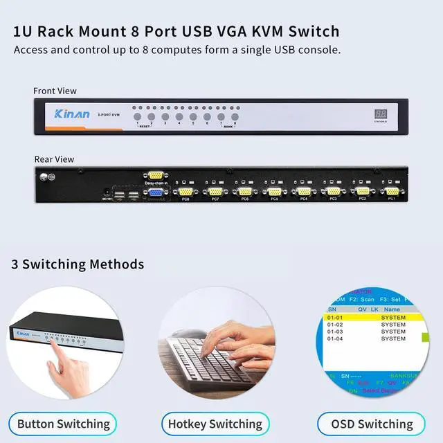 Alt view image 2 of 5 - 1U Rack Mount 8 Port USB VGA KVM Switch with 8 USB VGA Cables - 2048 x 1536 DDC2B, Support Panel Buttons/Hotkeys/OSD Menu/Mouse Switching, Auto Scan, Control up to 8 Computers