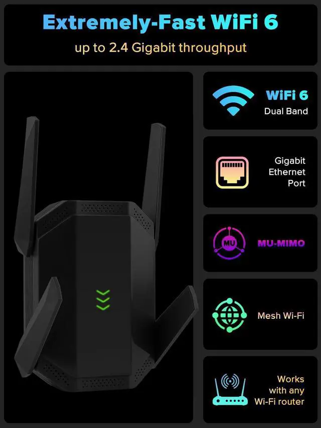 Alt view image 2 of 5 - AX3000 WiFi 6 Extender, Dual Band WiFi Extender Signal Booster, Internet Booster with Gigabit Ethernet Port, Covers Up to 12,000sq.ft and 99 Devices, Faster Speed and Easy Setup, Black