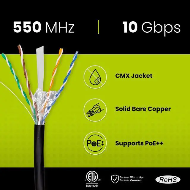 Alt view image 2 of 5 - trueCABLE Cat6 Outdoor, Unshielded UTP, 500ft, UV Resistant, CMX Rated, Black, 23AWG Solid Bare Copper, 550MHz, PoE++ (4PPoE), ETL Listed, Bulk Ethernet Cable