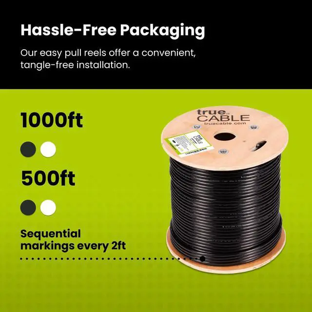 Alt view image 5 of 5 - trueCABLE Cat6 Outdoor, Unshielded UTP, 500ft, UV Resistant, CMX Rated, Black, 23AWG Solid Bare Copper, 550MHz, PoE++ (4PPoE), ETL Listed, Bulk Ethernet Cable