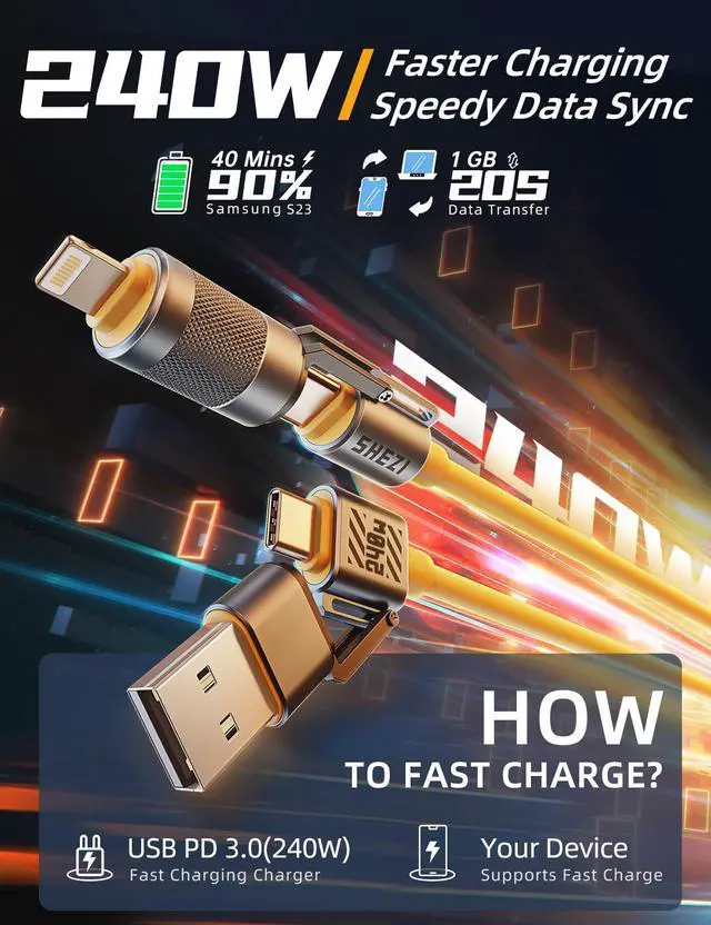 Alt view image 2 of 5 - [Chubby Silicone] 4-in-1 USB C to Lightning Cable,5FT 240W Charging Cord Fast Charging&Data Transfer,CarPlay& Android Auto,Multi Charger Cord Combo Lightning/Type C/USB A Port for iPhone Samsung i-Pad