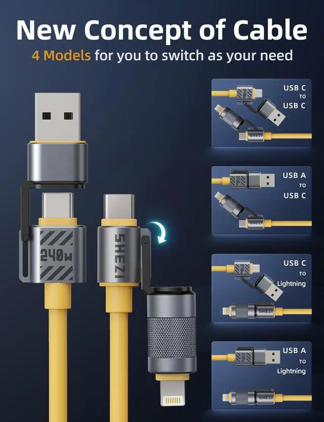 Alt view image 3 of 5 - [Chubby Silicone] 4-in-1 USB C to Lightning Cable,5FT 240W Charging Cord Fast Charging&Data Transfer,CarPlay& Android Auto,Multi Charger Cord Combo Lightning/Type C/USB A Port for iPhone Samsung i-Pad