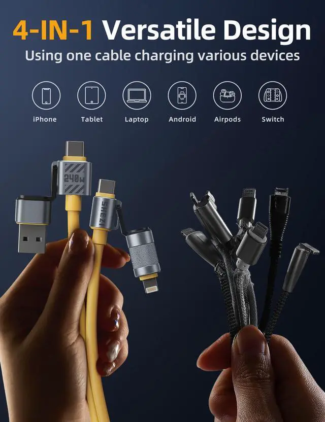 Alt view image 4 of 5 - [Chubby Silicone] 4-in-1 USB C to Lightning Cable,5FT 240W Charging Cord Fast Charging&Data Transfer,CarPlay& Android Auto,Multi Charger Cord Combo Lightning/Type C/USB A Port for iPhone Samsung i-Pad