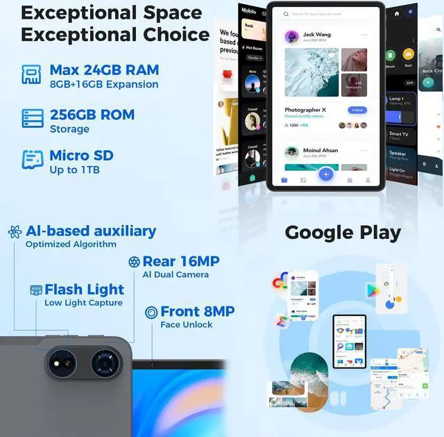 Alt view image 4 of 5 - Tablet 12 inch Android 15 Tablets, 24GB8+16RAM+256 Storage(Expand to 1TB), Android Tablet with Keyboard, Octa-Core, 2K 2000x1200 Display, 16MP Dual Camera, 8000mAh, 5G WiFi,GPS,Bluetooth 5.0Silver