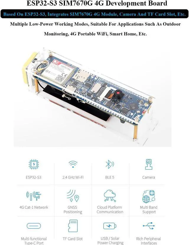 Alt view image 3 of 5 - ESP32-S3 SIM7670G 4G Development Board, LTE Cat-1/W-F/B L E/GNSS Positioning Support, Global Coverage Multi Band, 4G Portable W-F-i, Onboard Camera/Antenna, Solar/USB Charging, 4G Cat-1 Network