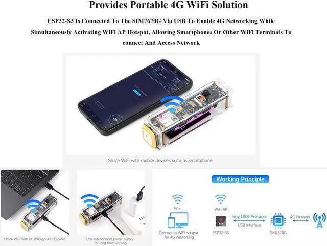 Alt view image 4 of 5 - ESP32-S3 SIM7670G 4G Development Board, LTE Cat-1/W-F/B L E/GNSS Positioning Support, Global Coverage Multi Band, 4G Portable W-F-i, Onboard Camera/Antenna, Solar/USB Charging, 4G Cat-1 Network