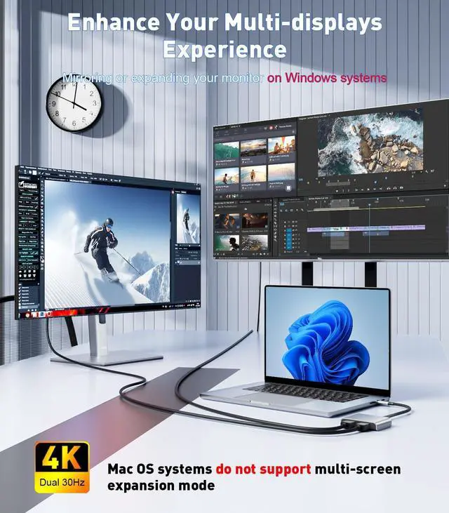 Alt view image 2 of 5 - UANTIN USB C to Dual DisplayPort Splitter Extended Display for Windows | 4K@60Hz Type C 3.1 to DP 1.2 for Dual Monitor Converter MST USBC Display Port Hub for XPS 13/15, Lenovo, Chromebook, HP etc