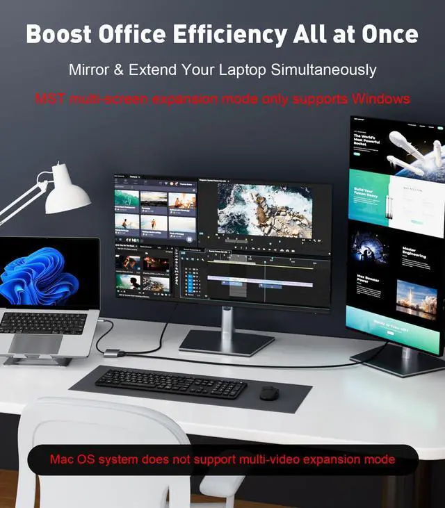 Alt view image 5 of 5 - UANTIN USB C to Dual DisplayPort Splitter Extended Display for Windows | 4K@60Hz Type C 3.1 to DP 1.2 for Dual Monitor Converter MST USBC Display Port Hub for XPS 13/15, Lenovo, Chromebook, HP etc