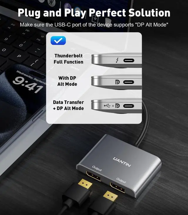 Alt view image 4 of 5 - UANTIN USB C to Dual DisplayPort Splitter Extended Display for Windows | 4K@60Hz Type C 3.1 to DP 1.2 for Dual Monitor Converter MST USBC Display Port Hub for XPS 13/15, Lenovo, Chromebook, HP etc
