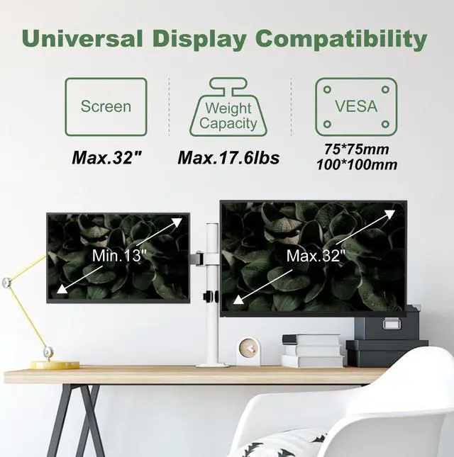 Alt view image 2 of 5 - UPGRAVITY Dual Monitor Mount, Dual Monitor Stand for Two 17"-32" Flat/Curved Computer Screens, Fully Adjustable Dual Monitor Arms Hold up to 17.6lbs, VESA 75x75/100x100mm, C-Clamp/Grommet Base, White