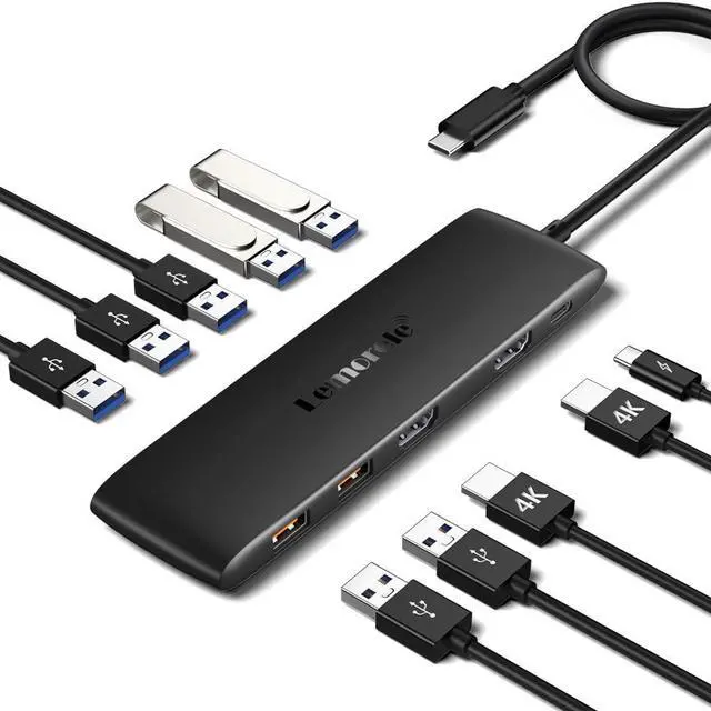 Main image of Lemorele 10 -in-1 USB C Docking Station for Laptop Dell Mac HP Lenovo, 10Gbps USB C Hub with 2 HDMI 4K, 4*USB 3.1 10Gbps Data Port, 100W PD Charging, 3 USB 2.0 for Keybord, Mouse