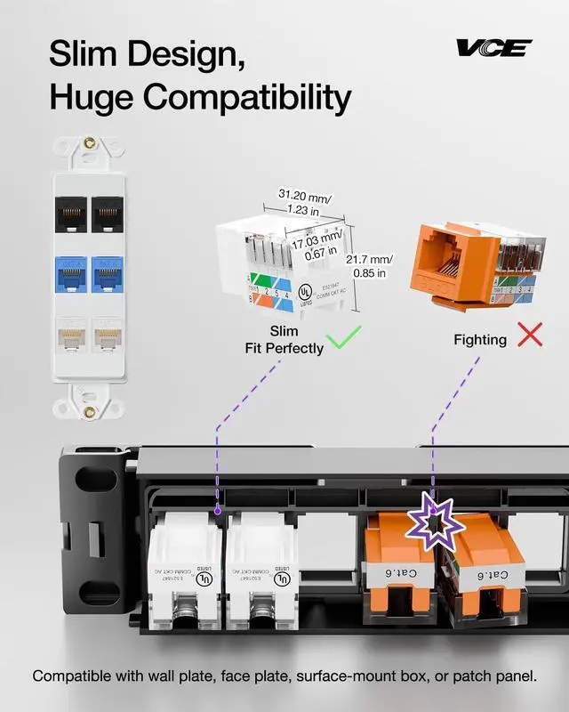 Alt view image 3 of 5 - VCE RJ45 Cat6 Keystone Jacks UL Listed 50-Pack, UTP Ethernet Keystone Jacks with Keystone Punch Down Stand Tool and Wire Stripper Cutter, White