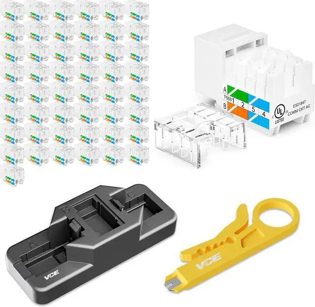 Main image of VCE RJ45 Cat6 Keystone Jacks UL Listed 50-Pack, UTP Ethernet Keystone Jacks with Keystone Punch Down Stand Tool and Wire Stripper Cutter, White