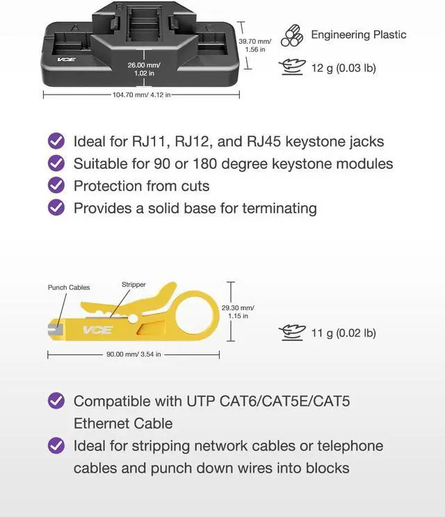Alt view image 5 of 5 - VCE RJ45 Cat6 Keystone Jacks UL Listed 50-Pack, UTP Ethernet Keystone Jacks with Keystone Punch Down Stand Tool and Wire Stripper Cutter, White