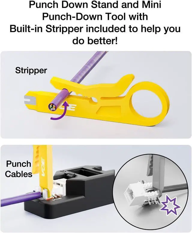 Alt view image 4 of 5 - VCE RJ45 Cat6 Keystone Jacks UL Listed 50-Pack, UTP Ethernet Keystone Jacks with Keystone Punch Down Stand Tool and Wire Stripper Cutter, White