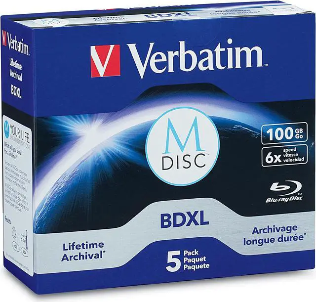 Main image of Verbatim M DISC BDXL 100GB 6X with Branded Surface Blank Blu-Ray Recordable Media - 5pk Jewel Case Box,Blue