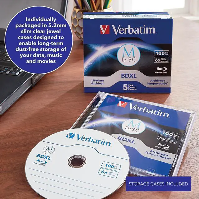 Alt view image 3 of 4 - Verbatim M DISC BDXL 100GB 6X with Branded Surface Blank Blu-Ray Recordable Media - 5pk Jewel Case Box,Blue