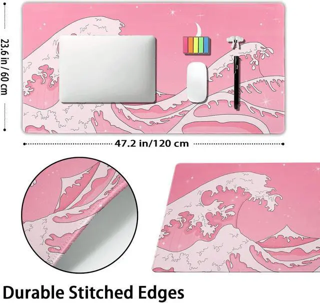 Alt view image 2 of 5 - Pink Japanese Anime Gaming Mouse Pad XL Cute Kawaii Aesthetic Wave Extended Big Large Desk Mat Non-Slip Rubber Base Stitched Edge Long Keyboard Mousepad for PC Computer Laptop,47.2x23.6 in,120x60cm