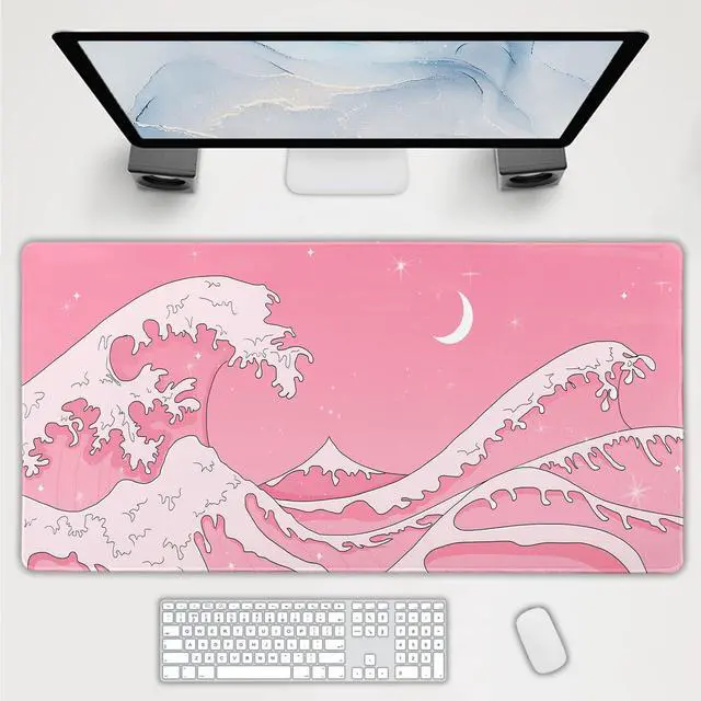 Main image of Pink Japanese Anime Gaming Mouse Pad XL Cute Kawaii Aesthetic Wave Extended Big Large Desk Mat Non-Slip Rubber Base Stitched Edge Long Keyboard Mousepad for PC Computer Laptop,47.2x23.6 in,120x60cm