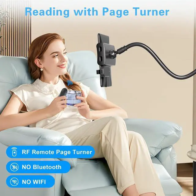 Alt view image 2 of 5 - Kefotic Gooseneck Tablet Holder for Kindle Reading in Bed with Page Turner Remote, Hands Free Desk Bedside Lazy Arm Stand for Kindle Accessories, Gifts for Readers