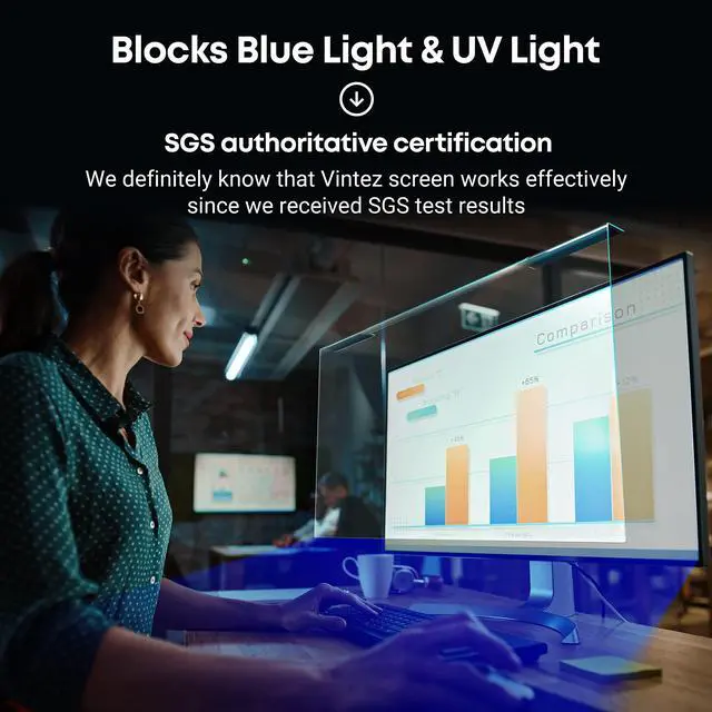 Alt view image 5 of 5 - VINTEZ Blue Light Blocking Screen Protector Panel for 28 inch Diagonal PC Anti-UV Eye Protection Filter Film - Widescreen Laptop and Monitor Frame Hanging Type (W 24.9" X H 15.5") [1 Pack]