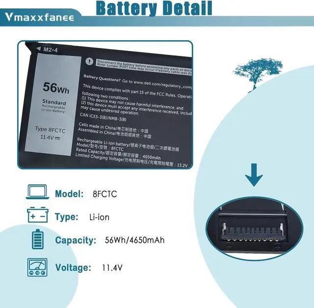Alt view image 2 of 5 - Vmaxxfanee 8FCTC Battery Replacement for Dell Alienware M15 R3 R4 R5 R6 R7 M17 R3 Precision 5550 5560 5570 XPS 15 9500 9510 G15 5520 5510 Inspiron 5620 7510 7610 Vostro 7510 7620 Series SB10T83121