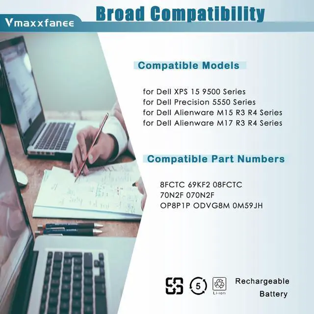 Alt view image 5 of 5 - Vmaxxfanee 8FCTC Battery Replacement for Dell Alienware M15 R3 R4 R5 R6 R7 M17 R3 Precision 5550 5560 5570 XPS 15 9500 9510 G15 5520 5510 Inspiron 5620 7510 7610 Vostro 7510 7620 Series SB10T83121