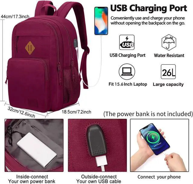 Alt view image 3 of 5 - KEOFID Classic Anti-Theft Laptop Backpack for Men and Women, Burgundy, 17.3" x 12.6" x 7.2"