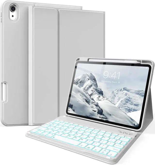 Main image of kenke for iPad 11/10th Gen Case with Keyboard 11/10.9 inch 2025 A16/2022, Detachable Wireless Bluetooth Keyboard Case with Right Side Pencil Holder, Backlit White Square Keycaps (Gray)
