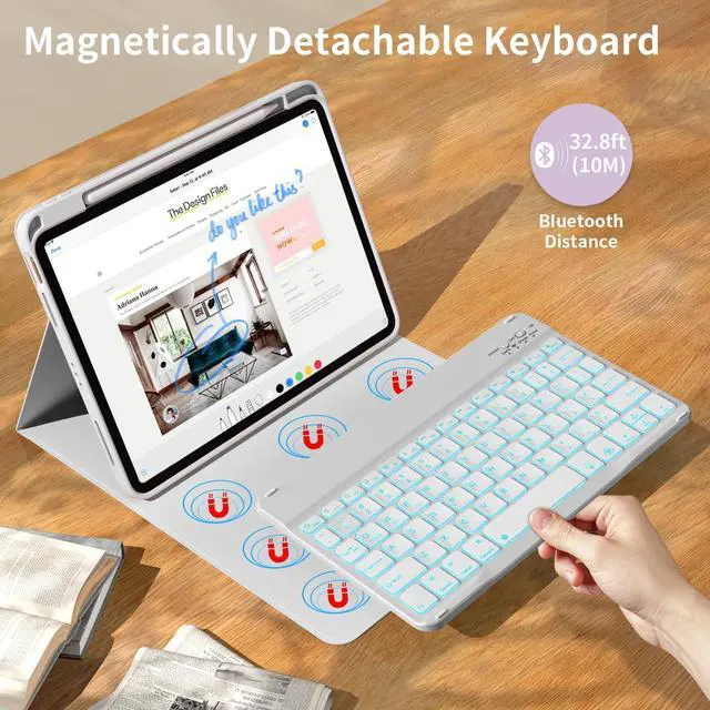 Alt view image 3 of 5 - kenke for iPad 11/10th Gen Case with Keyboard 11/10.9 inch 2025 A16/2022, Detachable Wireless Bluetooth Keyboard Case with Right Side Pencil Holder, Backlit White Square Keycaps (Gray)