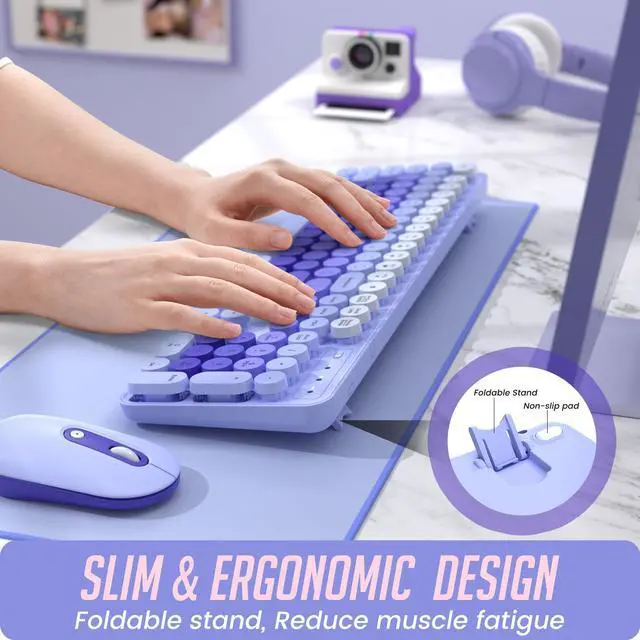 Alt view image 2 of 5 - Wireless Keyboard and Mouse, Silent Keyboard Mouse Combo, Full-Sized Colorful Typewriter Keyboard with Round Keycaps, 2.4G Cute Mouse Compatible with PC/Laptop/Computer(Purple)