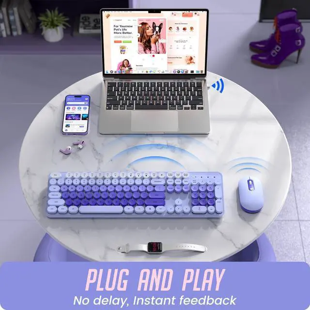 Alt view image 3 of 5 - Wireless Keyboard and Mouse, Silent Keyboard Mouse Combo, Full-Sized Colorful Typewriter Keyboard with Round Keycaps, 2.4G Cute Mouse Compatible with PC/Laptop/Computer(Purple)