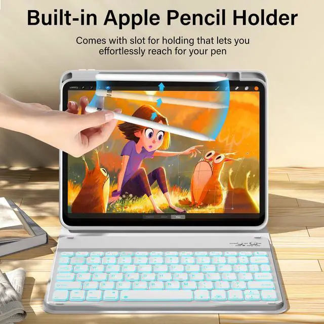 Alt view image 4 of 5 - kenke for iPad 11/10th Gen Case with Keyboard 11/10.9 inch 2025 A16/2022, Detachable Wireless Bluetooth Keyboard Case with Right Side Pencil Holder, Backlit White Square Keycaps (Gray)
