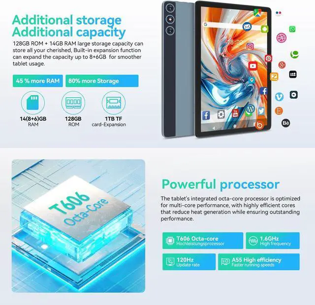 Alt view image 3 of 5 - 2025 Latest Android 14 Tablet, 4G Cellular Tablets with Dual Sim Slot, 14GB RAM 128GB ROM (TF 1TB) 10 inch Tablet, 2 in 1 Tablet with Keyboard, Octa-Core, Incell Display, 5G WiFi+4G LTE, 8000mAh, GPS