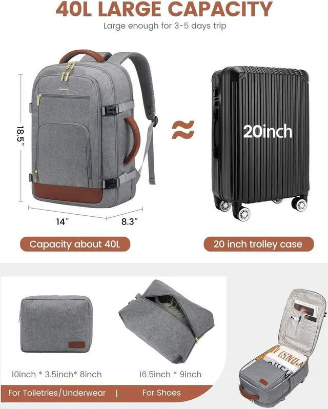 Alt view image 2 of 5 - LOVEVOOK Carry On Travel Backpack For Women Flight Approved, 40L Large Personal Item Backpack Travel Bag for Airplanes, Business 17 Inch Laptop Backpack, Weekender Overnight Daypack, With 2 Cubes