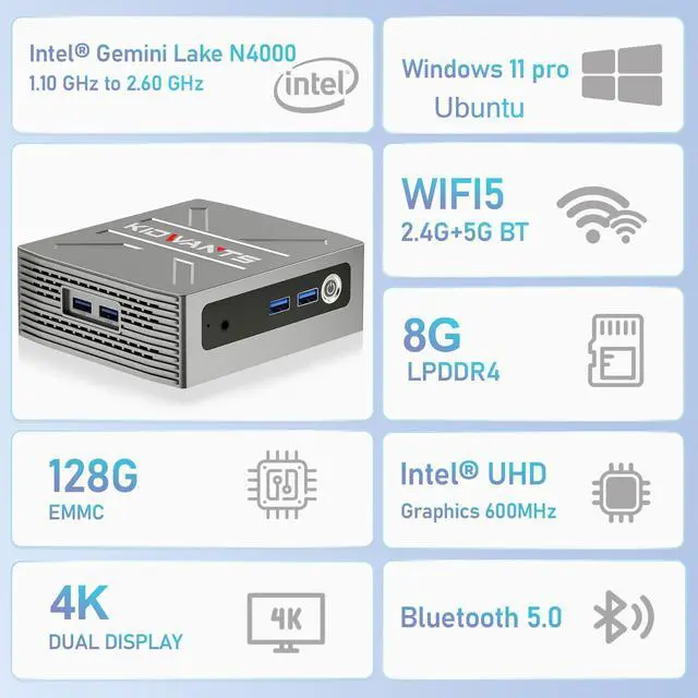 Alt view image 4 of 5 - kidwants KG1 Mini PC N4000(up to 2.6GHz), Mini Computer 8GB LPDDR4 RAM/128GB eMMC, Mini Desktop Computer Support 4K Dual Display, WiFi 5, BT 5.0, and USB 3.0 (Grey)