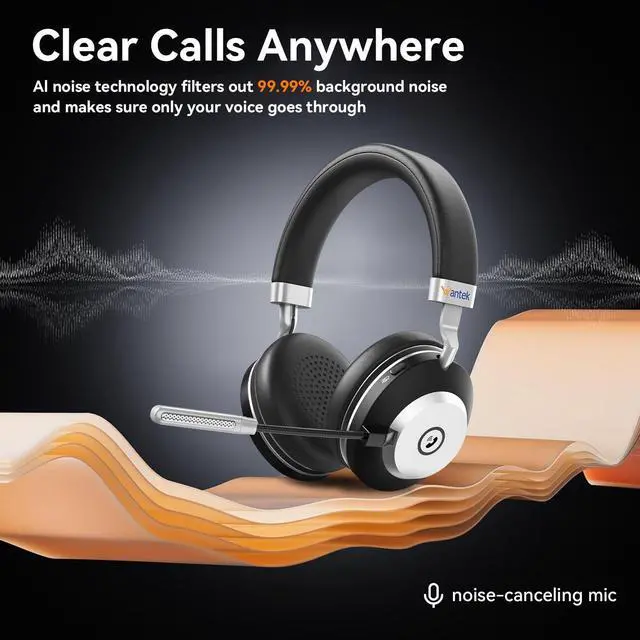 Alt view image 4 of 5 - Wantek Wireless Headset with AI Noise Cancelling Microphone Bluetooth Headset - Bluetooth V5.2 Headphones with USB Dongle