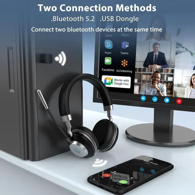 Alt view image 3 of 5 - Wantek Wireless Headset with AI Noise Cancelling Microphone Bluetooth Headset - Bluetooth V5.2 Headphones with USB Dongle