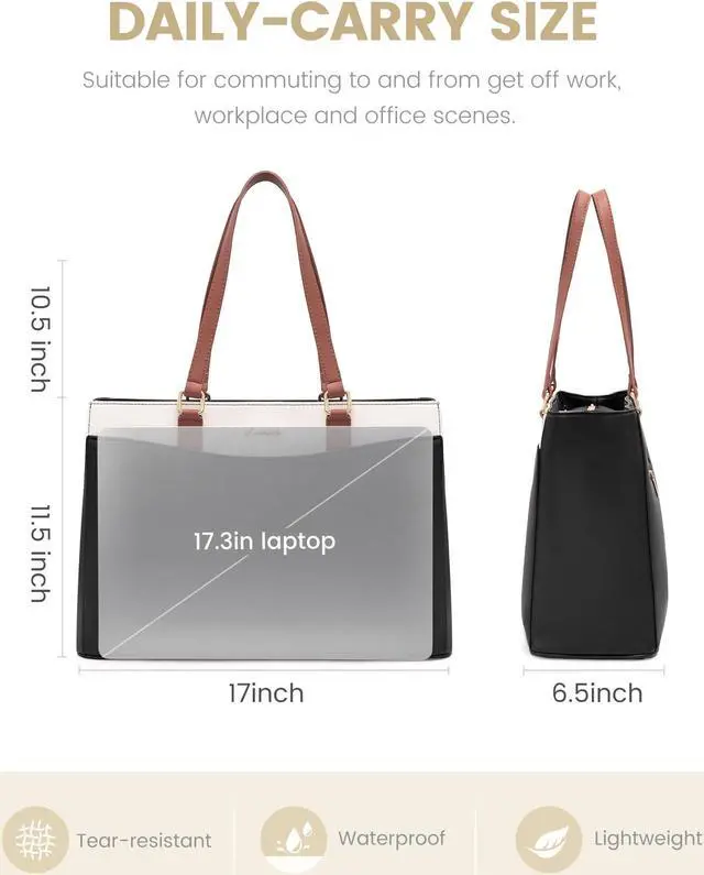 Alt view image 5 of 5 - LOVEVOOK Laptop Tote Bag for Women, Work Bags Teacher Tote Bag, Waterproof Leather Computer Bag, Business Laptop Purse Office Handbag Professional Briefcase, 17 Inch, Black-Beige-Brown