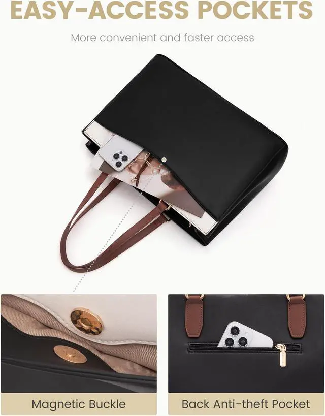 Alt view image 2 of 5 - LOVEVOOK Laptop Tote Bag for Women, Work Bags Teacher Tote Bag, Waterproof Leather Computer Bag, Business Laptop Purse Office Handbag Professional Briefcase, 17 Inch, Black-Beige-Brown