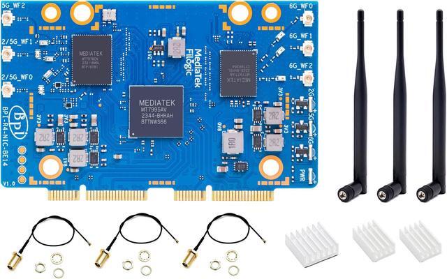 Main image of Banana Pi BPI-R4 NIC BE14 WiFi 7 Module for BPI-R4 Wireless Tri-Band WiFi Router Board OpenWRT, MediaTek MT7995AV CPU 32 bits RISC-V MCU, with 6X 2G/5G/6GHz WiFi Antenna (WiFi7 NIC Module)