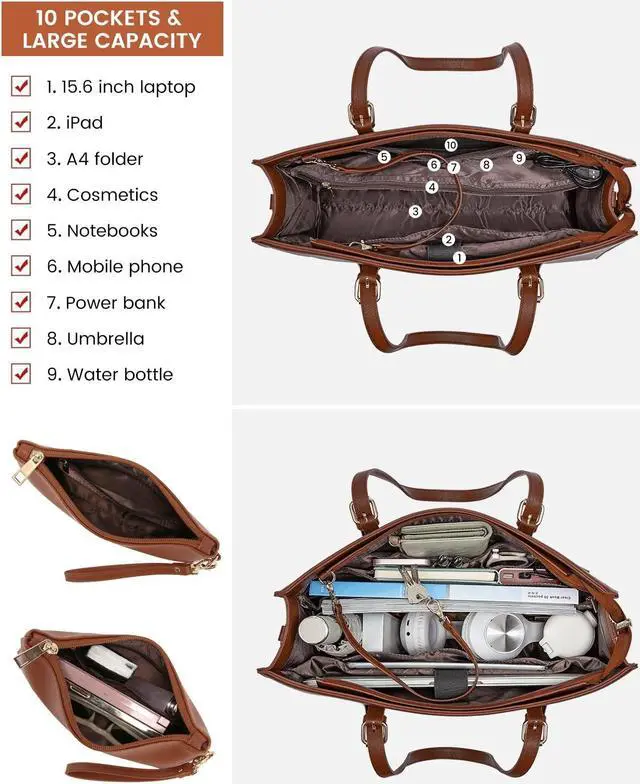 Alt view image 3 of 5 - LOVEVOOK Laptop Bag for Women, 15.6 Inch Large Waterproof PU Leather Computer Tote Bag for Work Business Office Travel with USB Charging Port, Fashion Waterproof Shoulder Bag Handbag Purse, Brown