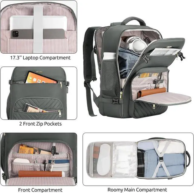 Alt view image 2 of 5 - KROSIAS Travel Backpack for Women, Carry On Backpack for Airplanes Flight Approved, Waterproof Large Weekender Overnight Bag Fit 17 Inch Laptop with USB Charging Port, Olive Green