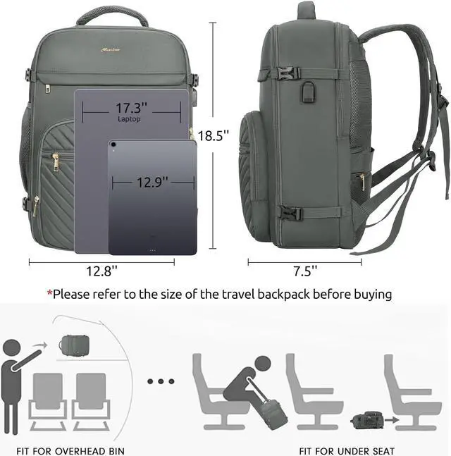 Alt view image 3 of 5 - KROSIAS Travel Backpack for Women, Carry On Backpack for Airplanes Flight Approved, Waterproof Large Weekender Overnight Bag Fit 17 Inch Laptop with USB Charging Port, Olive Green