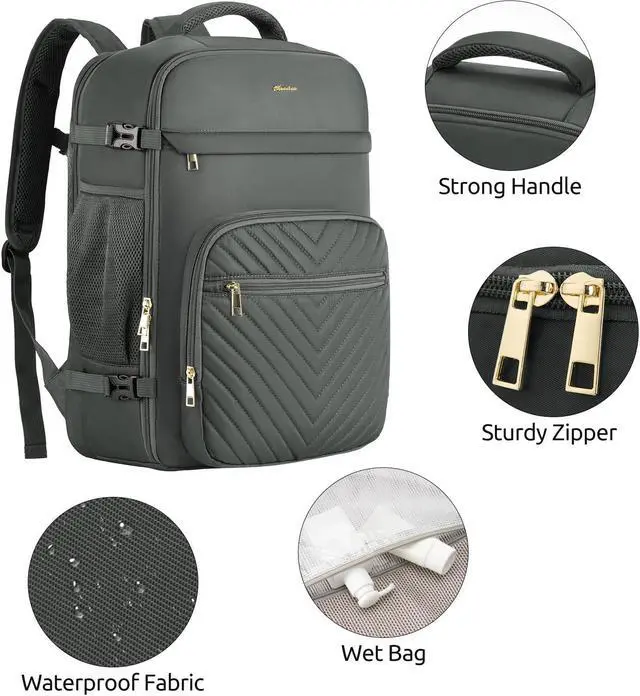 Alt view image 4 of 5 - KROSIAS Travel Backpack for Women, Carry On Backpack for Airplanes Flight Approved, Waterproof Large Weekender Overnight Bag Fit 17 Inch Laptop with USB Charging Port, Olive Green