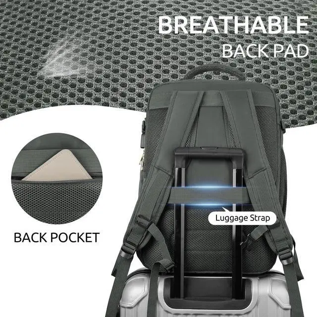 Alt view image 5 of 5 - KROSIAS Travel Backpack for Women, Carry On Backpack for Airplanes Flight Approved, Waterproof Large Weekender Overnight Bag Fit 17 Inch Laptop with USB Charging Port, Olive Green